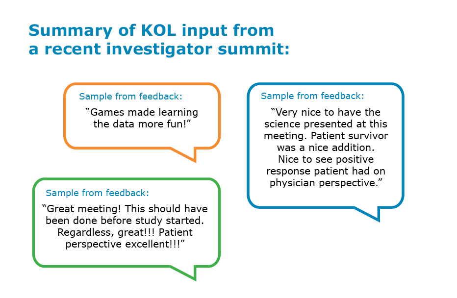 Summary of KOL input from a recent investigator summit